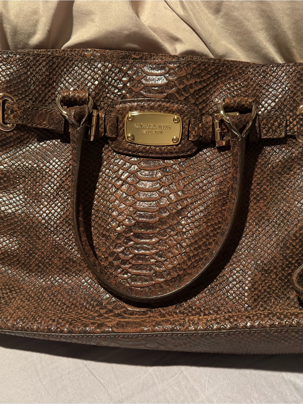 Michael Kors Brown Faux-Snakeskin Satchel With Gold Hardware